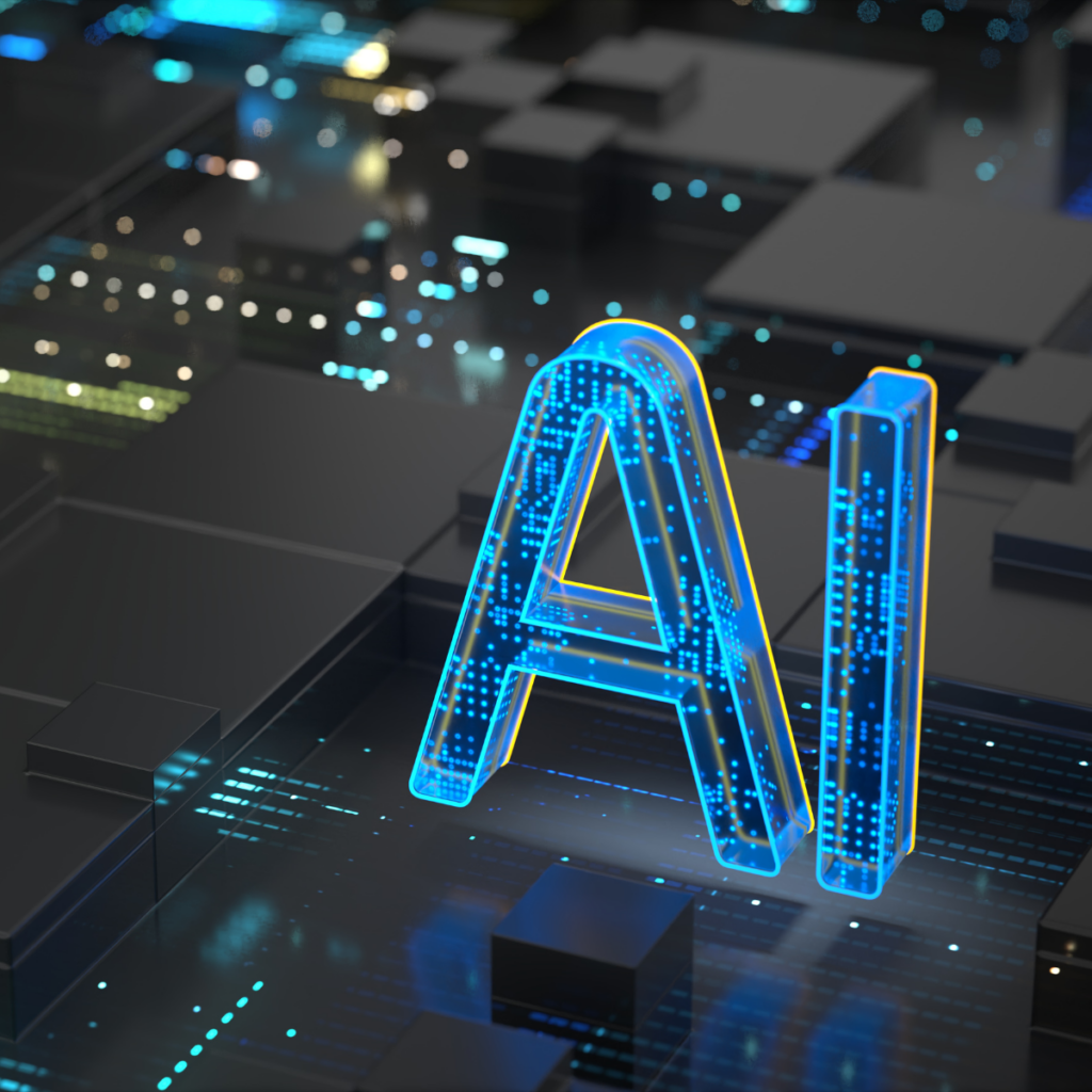 Illustration of the letters AI in glowing blue glass standing on a dark circuit board