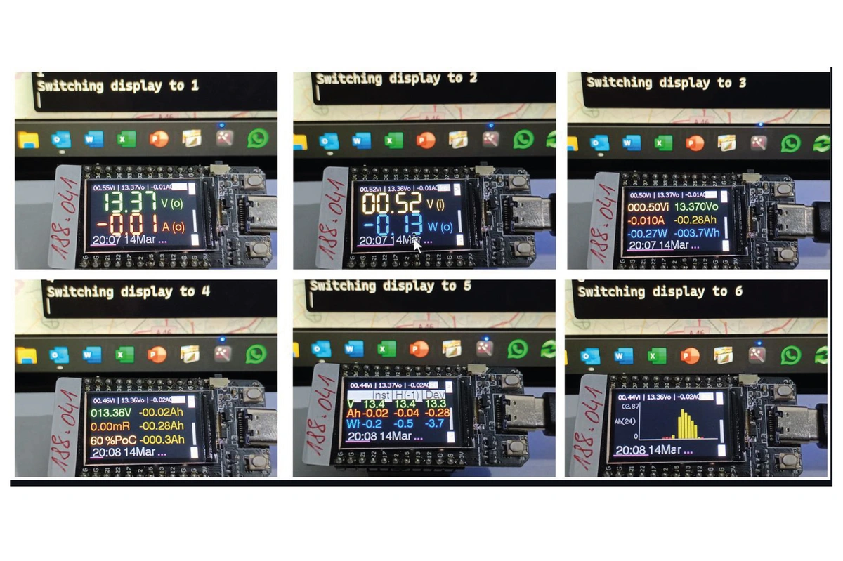 Six photos of the ESP32 board with its small colour display, cycling through voltage, current, power and daily amp-hour screens