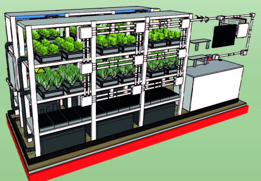 A 3D render of the MAPHI module: white racks with three levels of trays of leafy greens, water tanks underneath and a control panel at the side