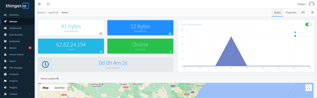 The Thinger.io console showing the esp32-idf device online: bytes transmitted and received, its IP address, the device state Online, the time since the last connection and a live transmission chart