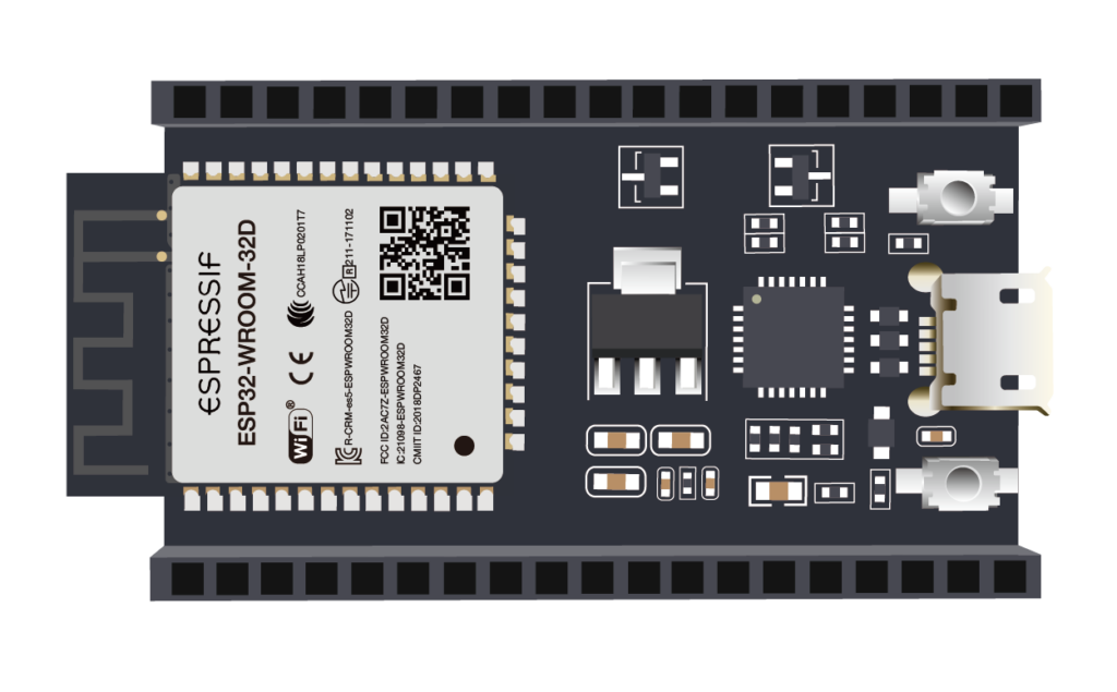 Top view of an ESP32 development board: the ESP32-WROOM-32D module with its printed antenna, two rows of header pins, a micro-USB connector and two push buttons