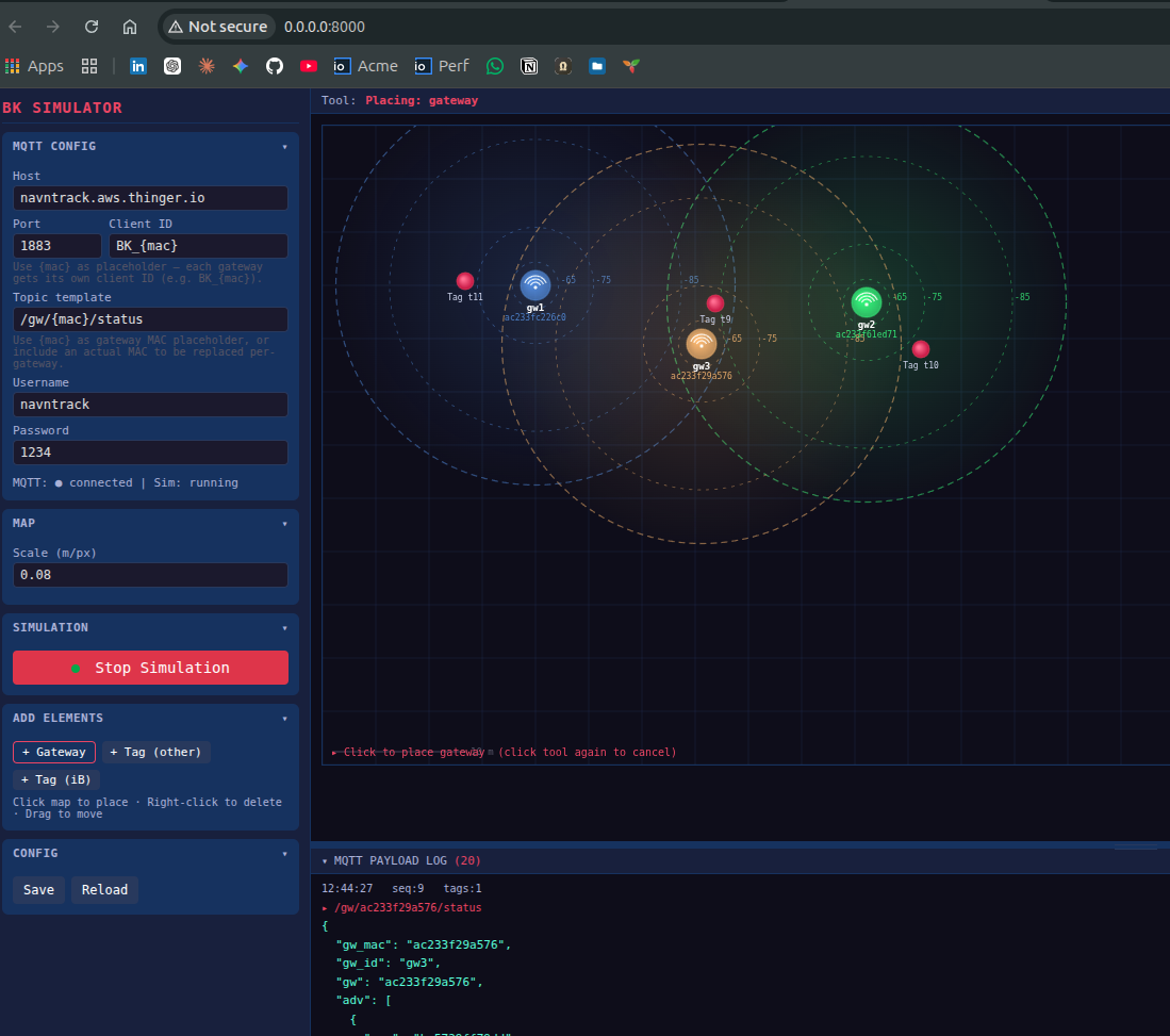 The simulator with the gateway tool active: a third gateway placed between two others, its detection rings overlapping theirs