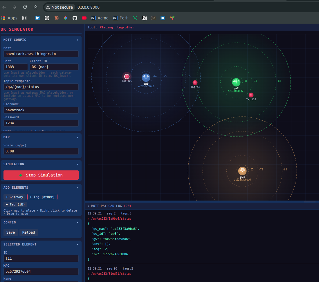 The BK Simulator: an MQTT configuration panel on the left, three gateways with their detection rings and a few tags on a dark map, and the MQTT payload log underneath