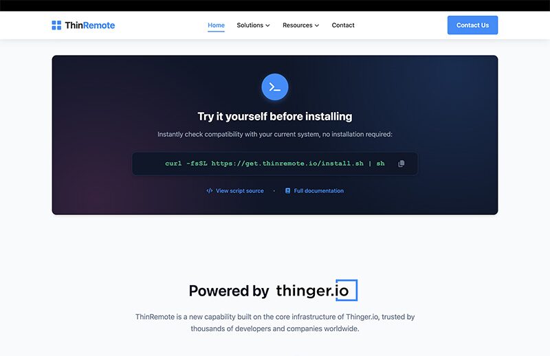 A ThinRemote.io page with a one-line install command for the agent, and a 'Powered by thinger.io' section below it