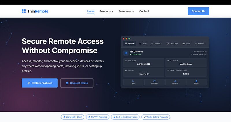 The ThinRemote.io home page: 'Secure Remote Access Without Compromise', beside a console panel for a connected IoT gateway with SSH, monitor, desktop, files and portal tabs