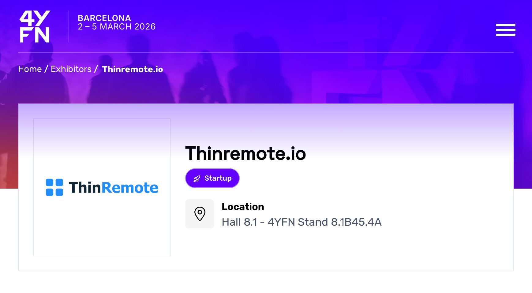 The 4YFN Barcelona exhibitor page for Thinremote.io, tagged Startup, located in Hall 8.1 at 4YFN stand 8.1B45.4A