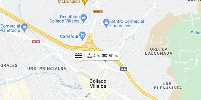 Street map of Collado Villalba with one device marker: a wave icon followed by a level of 4 % and a battery of 50 %