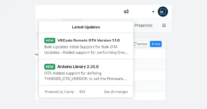 Latest Updates panel opened from a megaphone icon in the console header, with two entries marked NEW: VSCode Remote OTA Version 1.1.0, with bulk OTA updates, and Arduino Library 2.30.0, with THINGER_OTA_VERSION to set the firmware version
