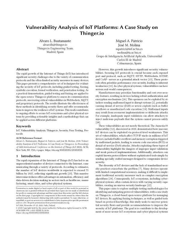 First page of the paper "Vulnerability Analysis of IoT Platforms: A Case Study on Thinger.io", with the authors, the abstract, the keywords and the introduction