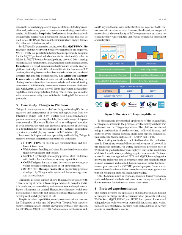 A page of the paper with the case study of the Thinger.io platform: the list of supported protocols and Figure 1, an overview of the platform architecture