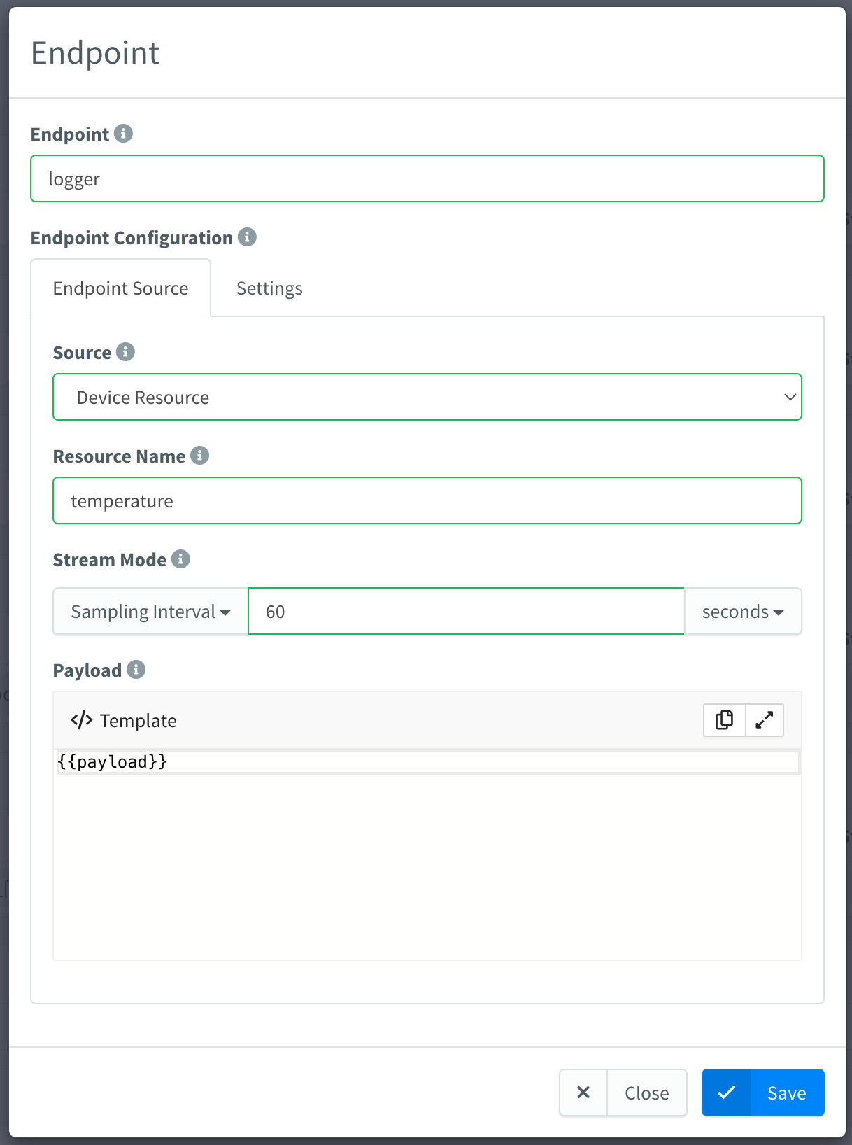 Endpoint dialog of a product profile: endpoint logger, source Device Resource, resource name temperature, stream mode Sampling Interval of 60 seconds and a payload template