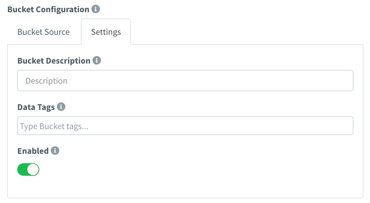 Bucket Configuration of a product, Settings tab: Bucket Description, a Data Tags field reading "Type Bucket tags..." and an Enabled switch