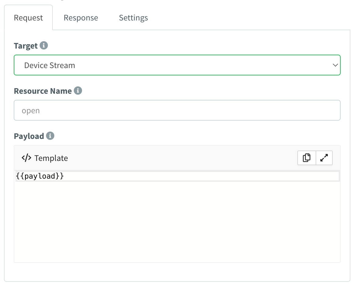 Request tab of a product API resource: Target set to Device Stream, Resource Name "open" and a payload template {{payload}}