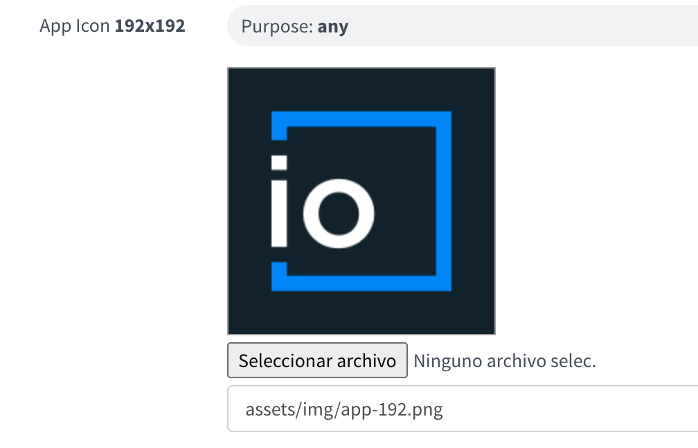 Brand settings, App Icon 192x192 with purpose "any": a preview of the icon, a file picker button and the path assets/img/app-192.png