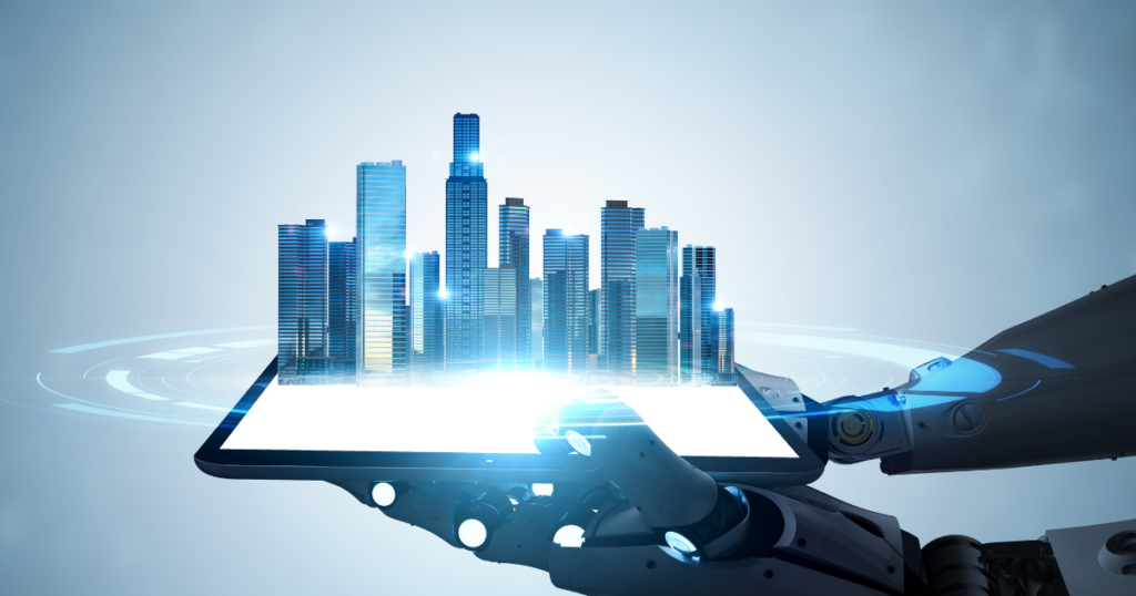 A robotic hand holds a tablet with a glowing model of city skyscrapers rising from its screen