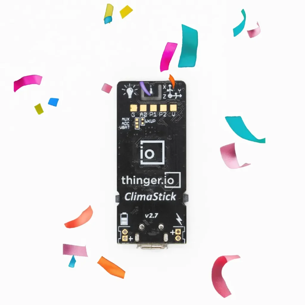 The black ClimaStick v2.7 board, with the Thinger.io logo and its sensor pads, surrounded by confetti