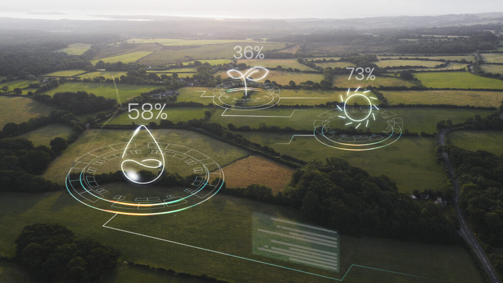Aerial view of green farmland divided by hedgerows, with graphic overlays showing soil moisture at 58%, crop growth at 36% and sunlight at 73% over three fields