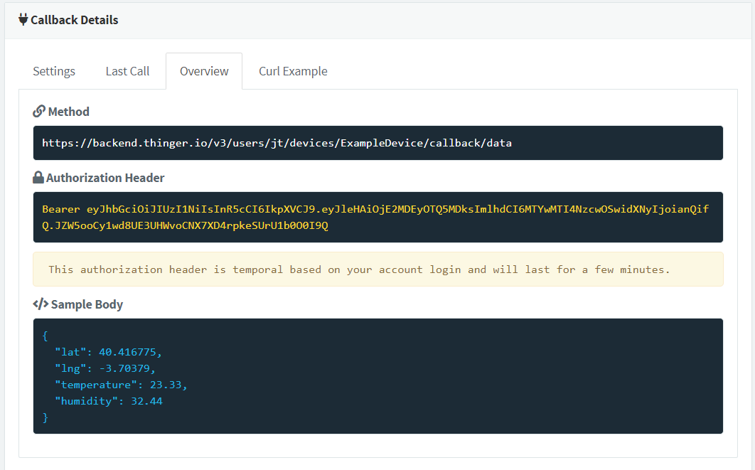 Callback Details of the device, Overview tab: the method URL, a temporary authorization header and the sample body with lat, lng, temperature and humidity
