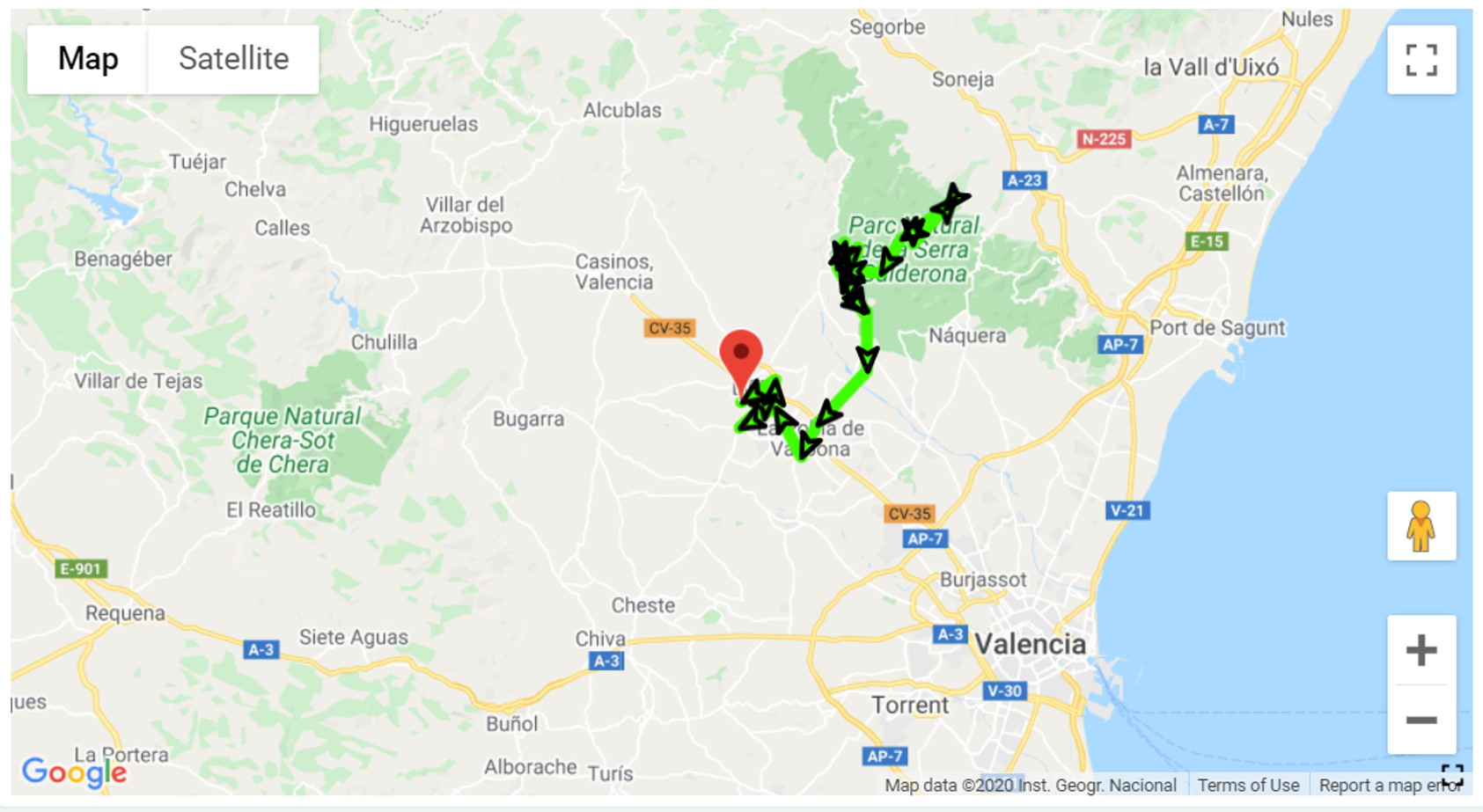 Google Maps widget showing a green track route with direction markers north-west of Valencia, and a red position marker