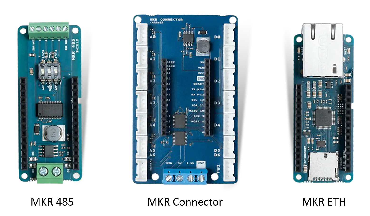 Three MKR expansion boards side by side: the MKR 485 shield with screw terminals, the MKR Connector carrier with rows of white connectors, and the MKR ETH shield with an Ethernet jack and a microSD slot