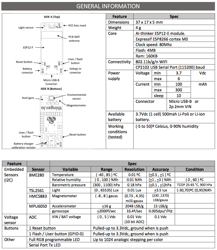 Page of the ClimaStick datasheet: labelled drawings of both sides of the board, a table of general information (dimensions, weight, core, connectivity, power supply, battery, working conditions) and a table of the embedded sensors with their ranges, resolution and accuracy