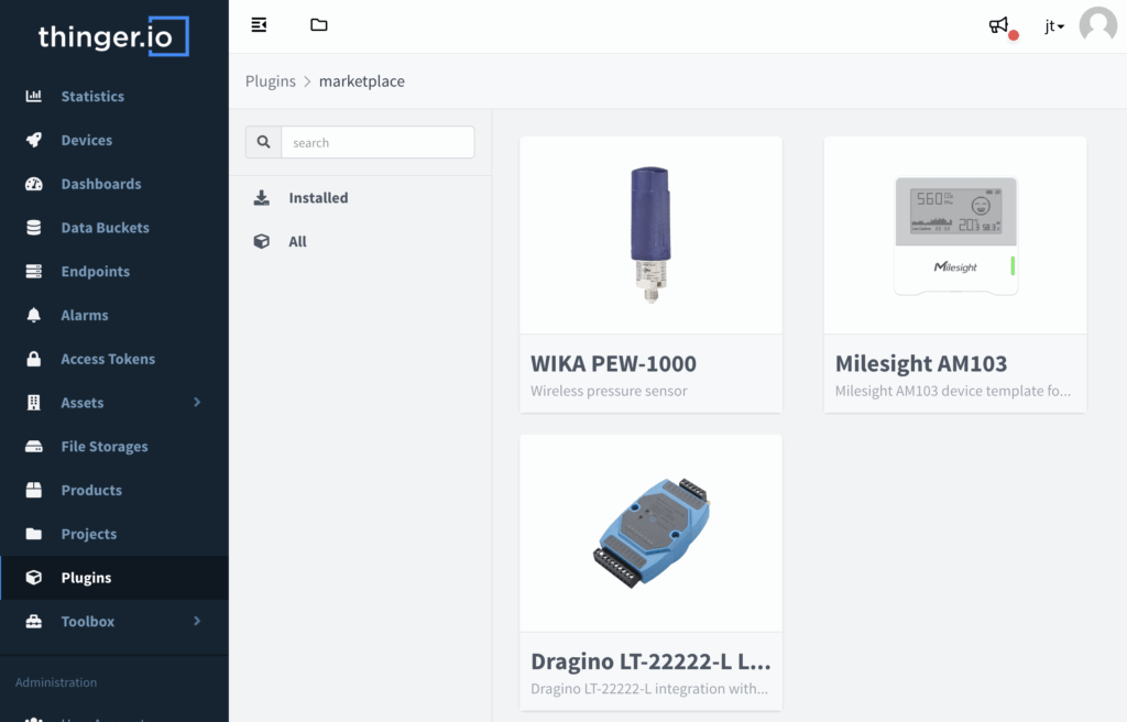 Device templates in the Marketplace section of the Thinger.io console: WIKA PEW-1000, Milesight AM103 and Dragino LT-22222-L