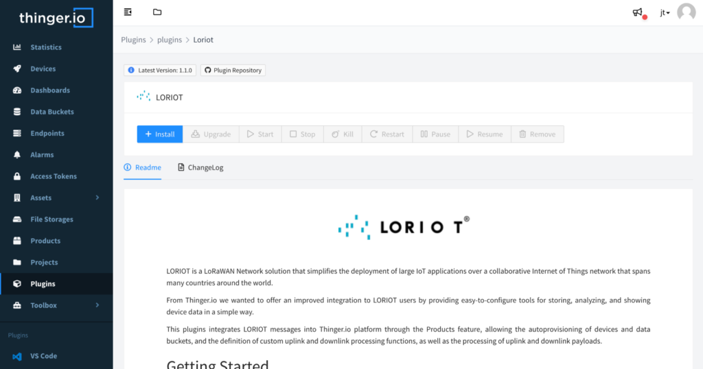 The LORIOT plugin page in the Thinger.io console, with the Install button, the readme and the changelog