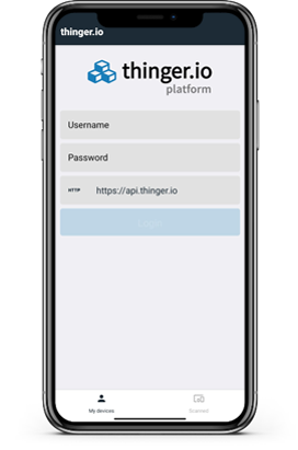 The login screen of the Thinger.io app on a phone: username, password and the server address, https://api.thinger.io