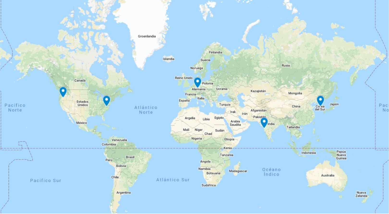 World map with five markers: the west and east of the United States, central Europe, India and South Korea