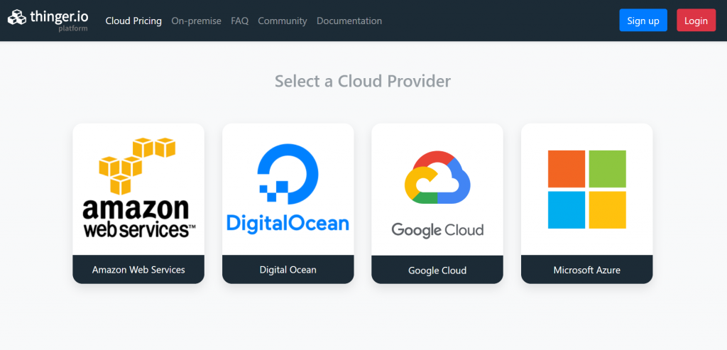The deployment site of 2020, Select a Cloud Provider, with cards for Amazon Web Services, Digital Ocean, Google Cloud and Microsoft Azure
