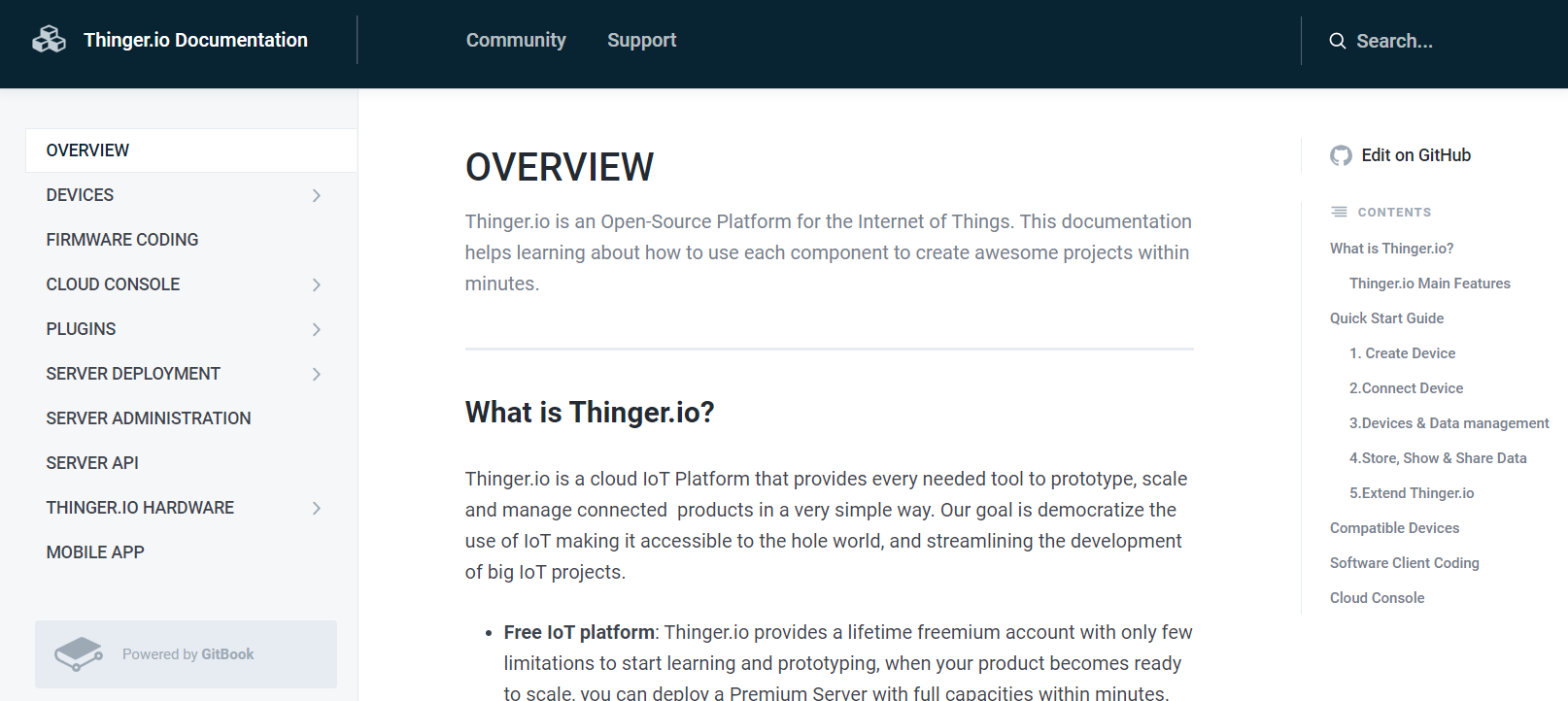 The overview page of the Thinger.io documentation on GitBook, with sections for devices, firmware coding, cloud console, plugins, server deployment, server administration, server API, Thinger.io hardware and mobile app