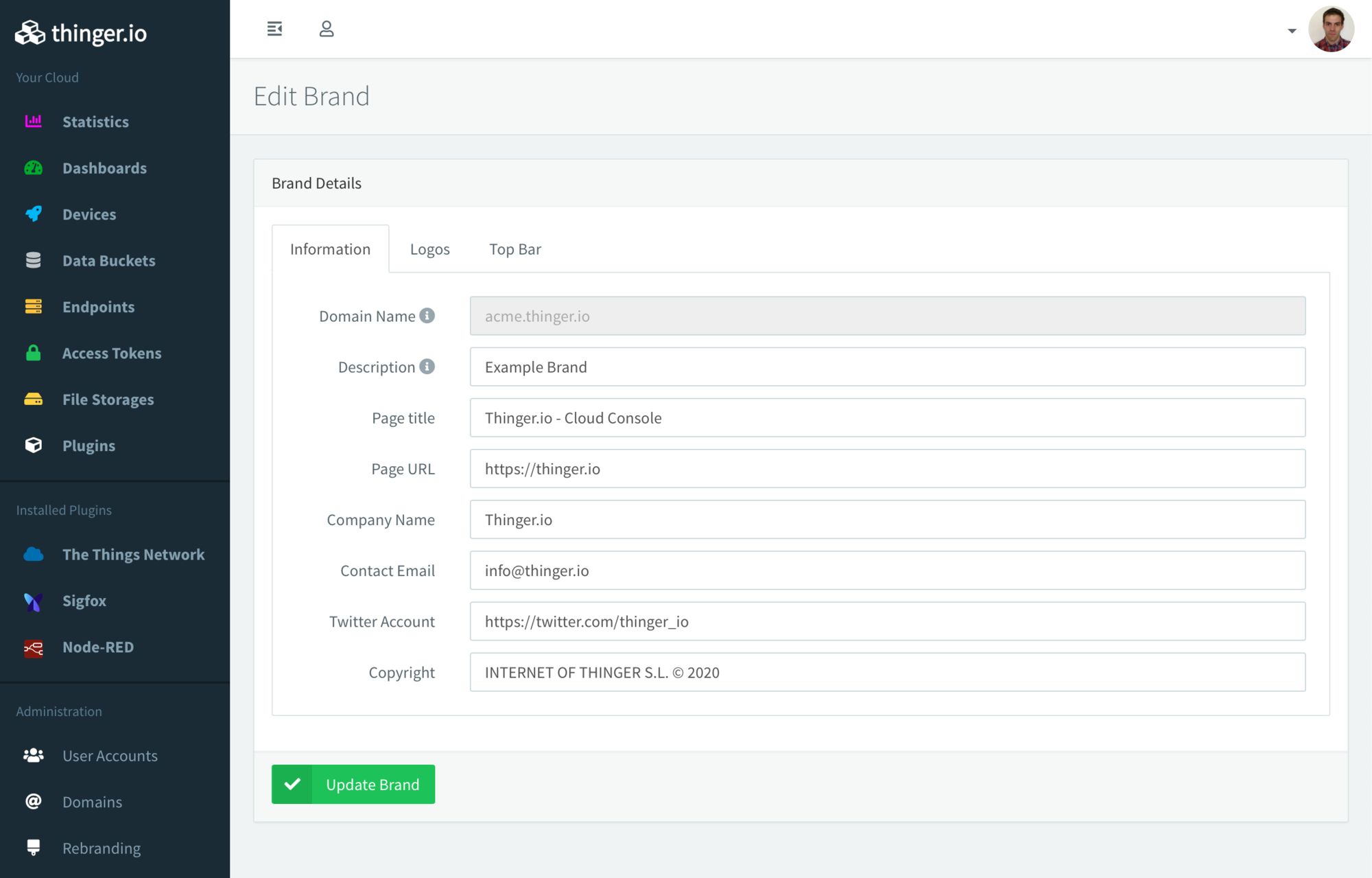 Edit Brand form for the domain acme.thinger.io, with description, page title, page URL, company name, contact email and copyright fields, and tabs for logos and the top bar; the menu shows the installed plugins and the Administration group with User Accounts, Domains and Rebranding