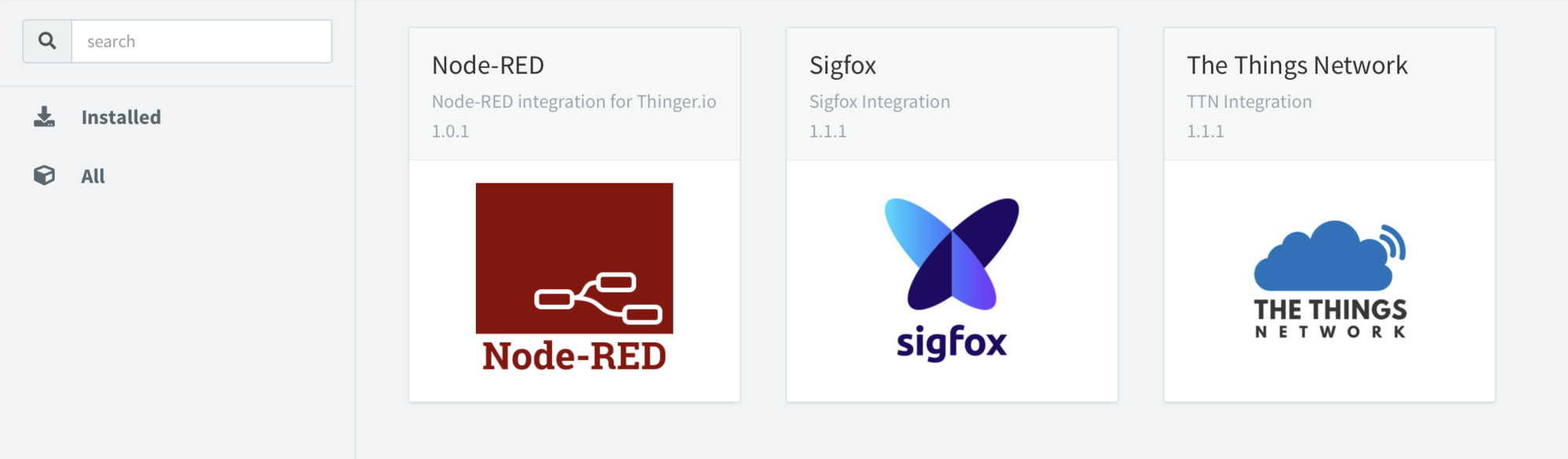 The plugins page of the console with three cards: Node-RED 1.0.1, Node-RED integration for Thinger.io; Sigfox 1.1.1, Sigfox Integration; The Things Network 1.1.1, TTN Integration