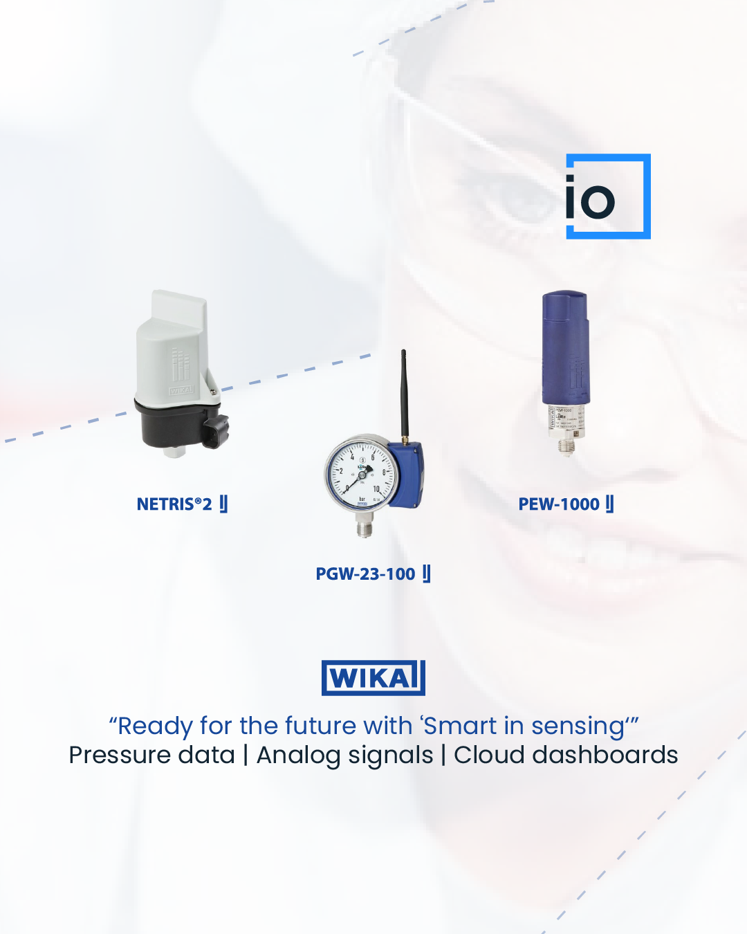The three WIKA devices integrated with Thinger.io: the NETRIS 2 radio unit, the PGW-23-100 pressure gauge with its telemetry module and the PEW-1000 wireless sensor