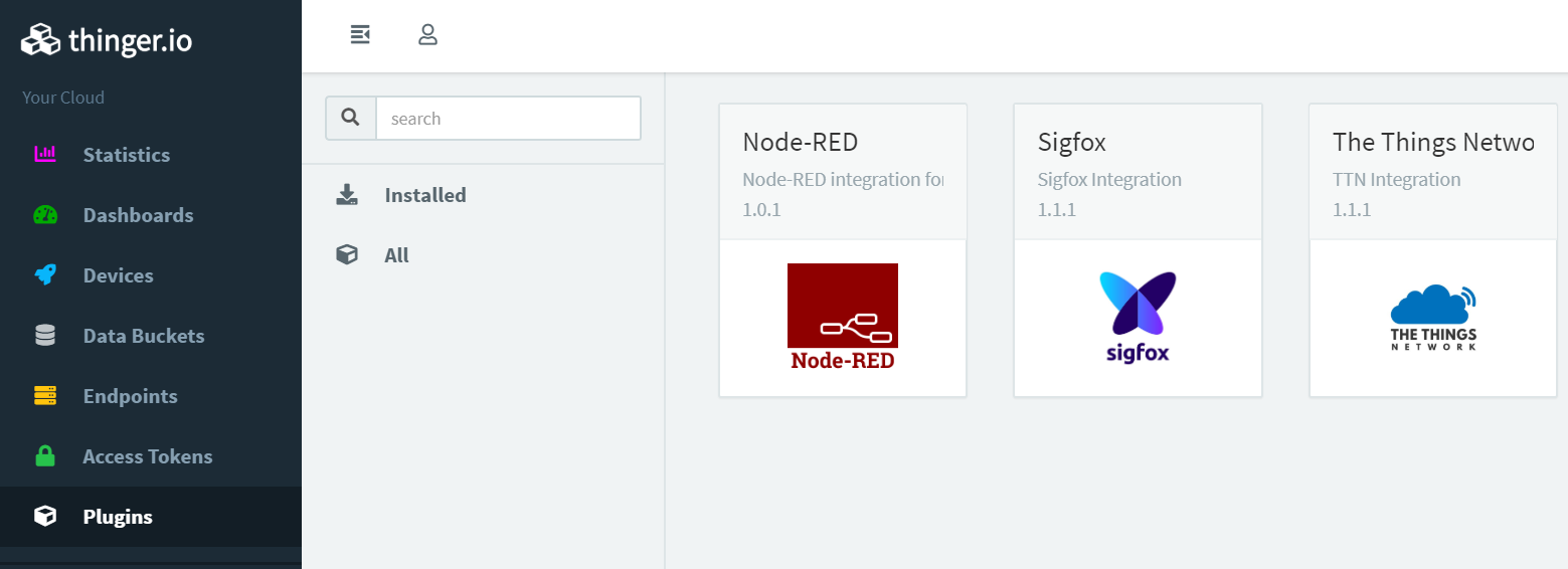 The Plugins view of the Thinger.io console listing three plugins: Node-RED 1.0.1, Sigfox 1.1.1 and The Things Network 1.1.1