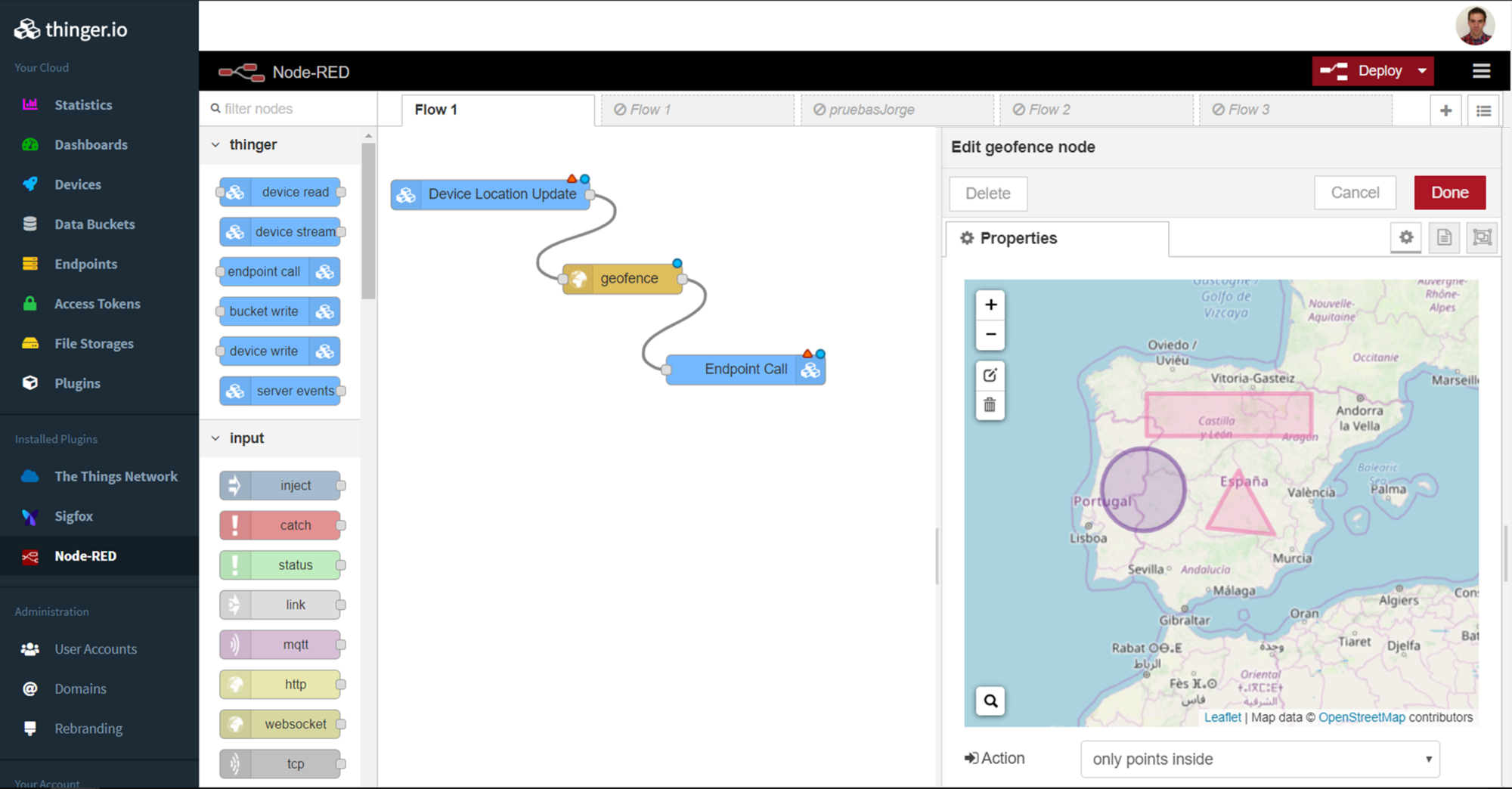The Node-RED editor inside the Thinger.io console: a flow from a Device Location Update node through a geofence node to an Endpoint Call node, with the geofence editor open on a map of Spain and Portugal showing a rectangle, a circle and a triangle