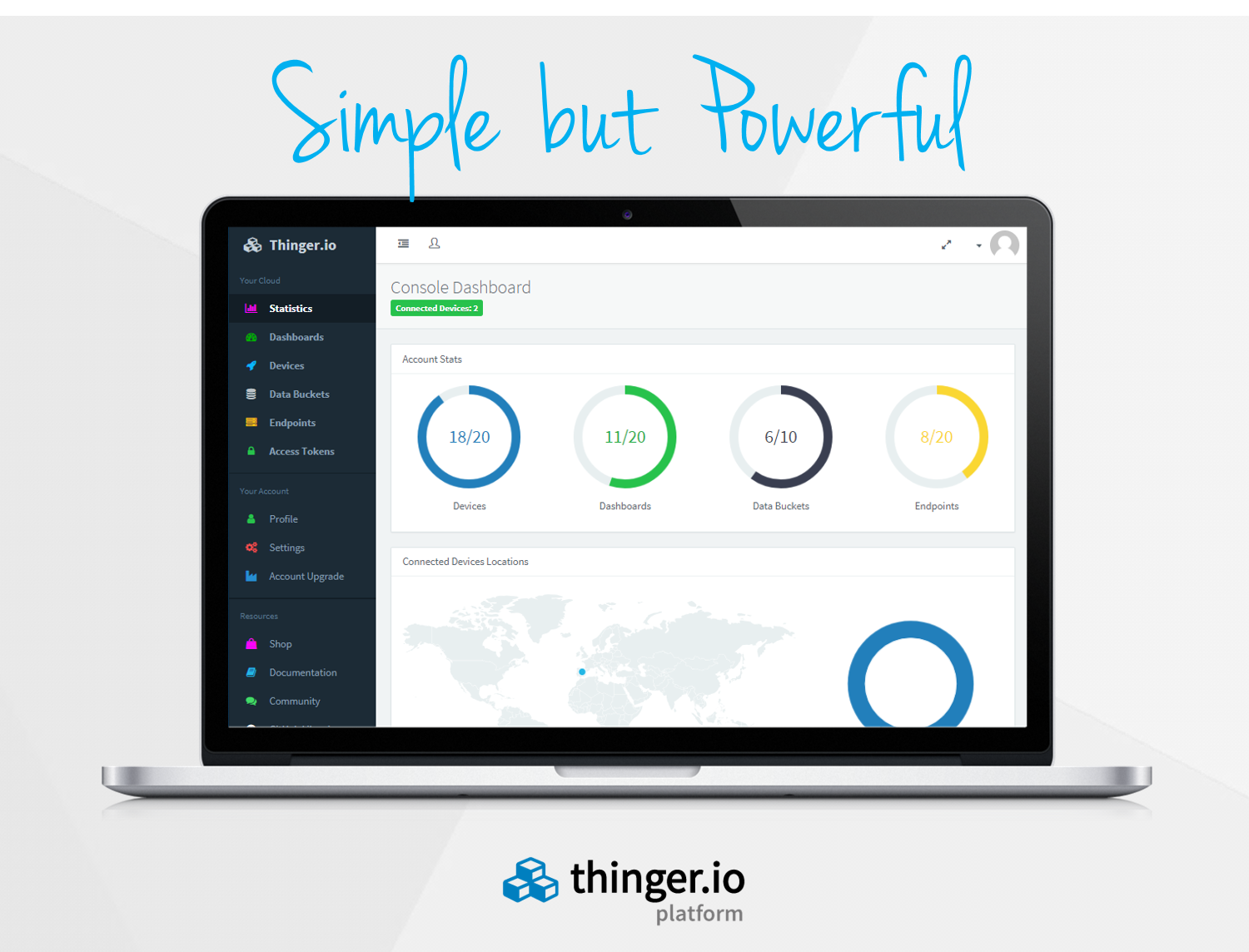 Un portátil con la consola de Thinger.io de 2018: menú lateral con estadísticas, dashboards, dispositivos, data buckets, endpoints y tokens de acceso, y las estadísticas de la cuenta en círculos; encima, el lema 'Simple but Powerful'