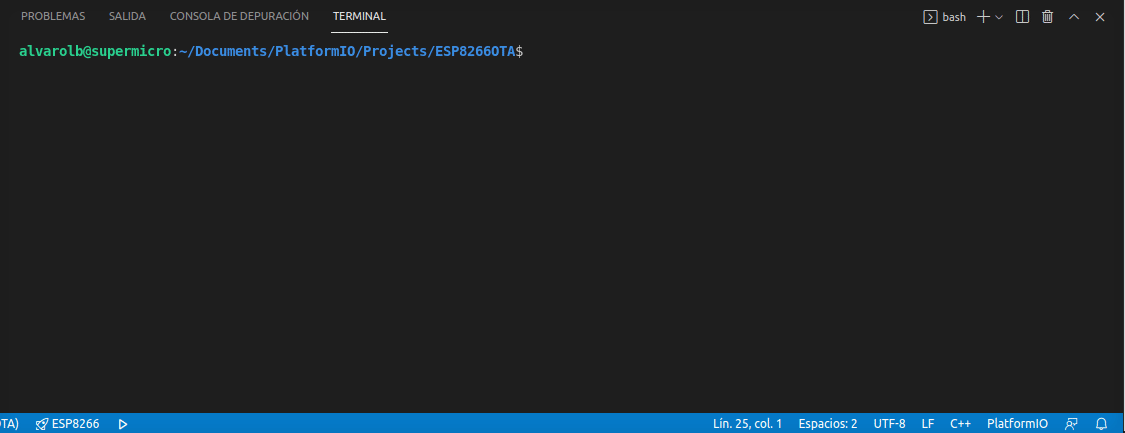 Animation of the VS Code terminal for an ESP8266 PlatformIO project: the firmware builds with the thinger.io library, the build ends in SUCCESS, and a Thinger.io notification shows the firmware uploading