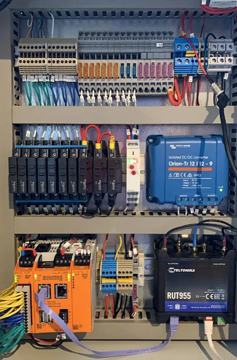 An industrial cabinet with terminal blocks, circuit breakers, a DC/DC converter, the orange Kunbus Revolution Pi modules and a Teltonika router