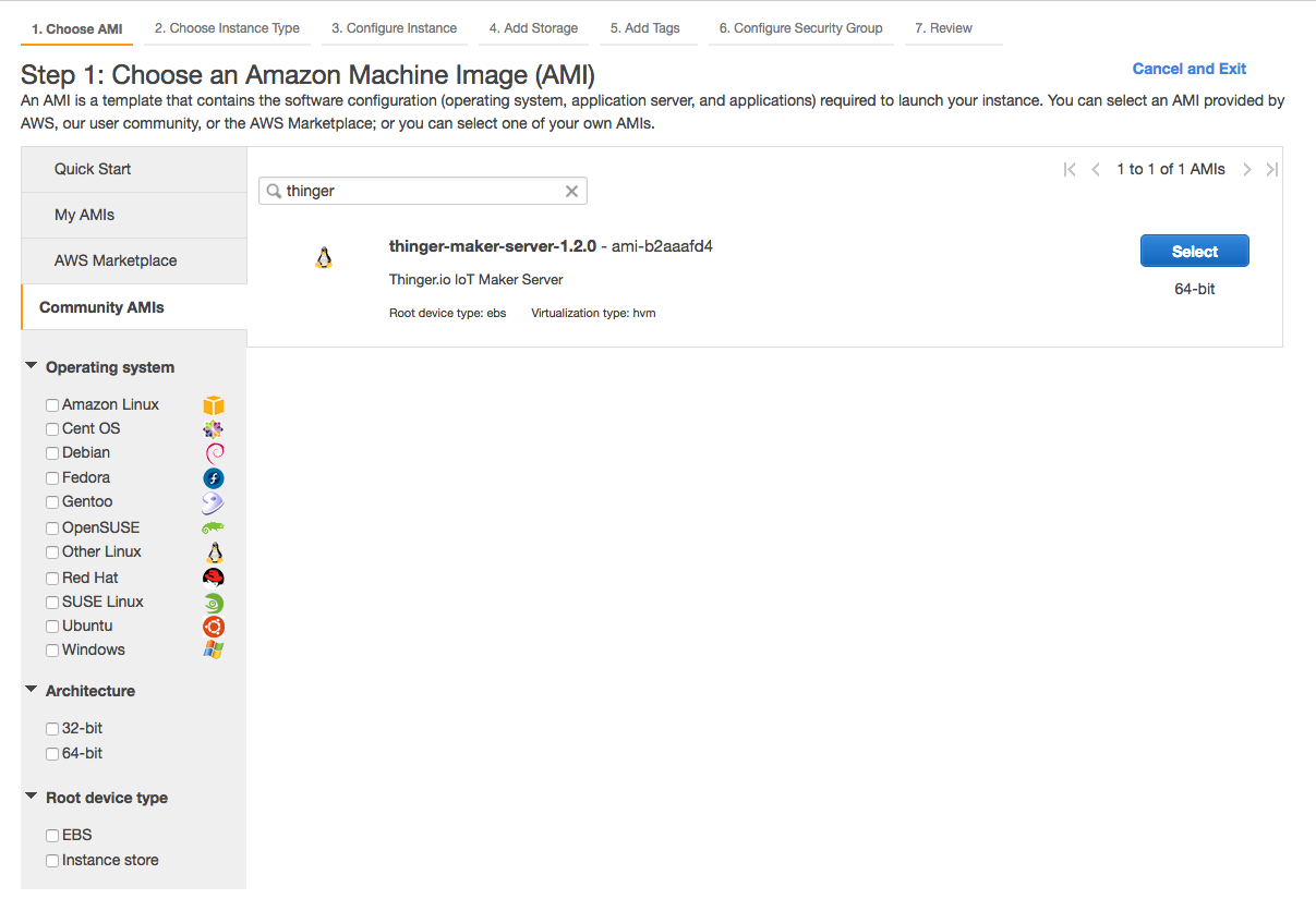 AWS launch wizard at Step 1, Choose an Amazon Machine Image: in Community AMIs, a search for 'thinger' returns one result, thinger-maker-server-1.2.0 (ami-b2aaafd4), Thinger.io IoT Maker Server, 64-bit, with a Select button