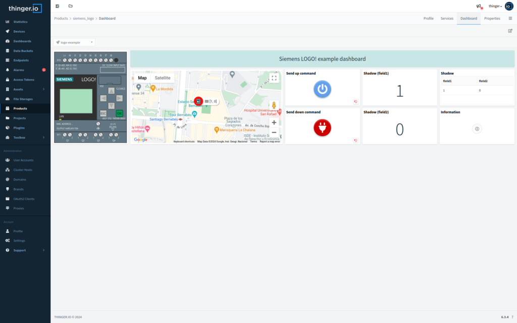 The Siemens LOGO! example dashboard in the Thinger.io console: a picture of the module, a map with the device, send up and send down command buttons, and the shadow fields field1 and field2