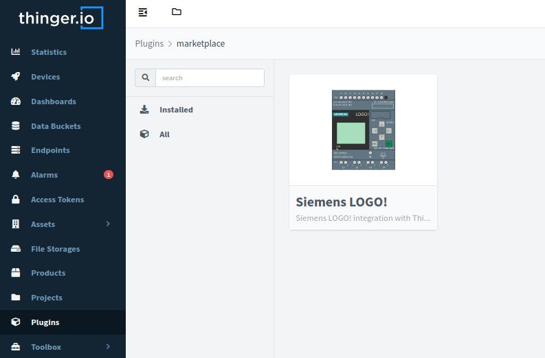The Plugins section of the Thinger.io console, Marketplace view, with the Siemens LOGO! plugin card