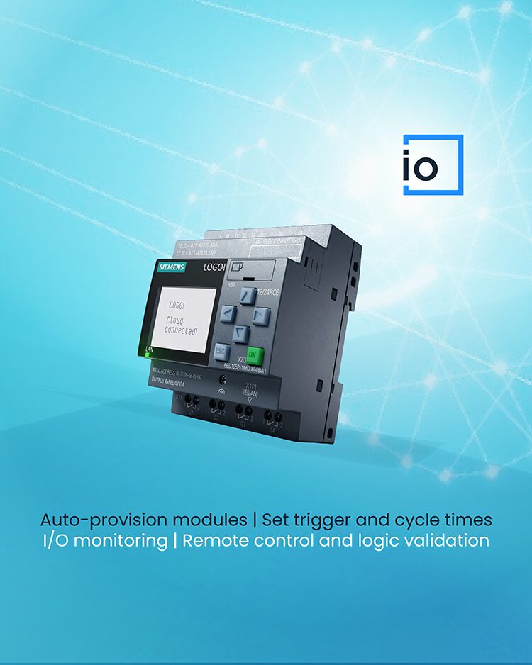 A Siemens LOGO! module whose display reads "LOGO! Cloud: connected!", over the list: auto-provision modules, set trigger and cycle times, I/O monitoring, remote control and logic validation