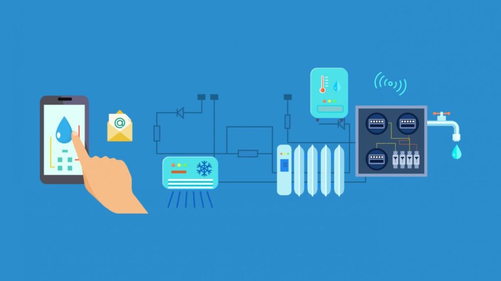 Illustration of a connected water installation: a smartphone app with a water drop icon, an alert envelope, a valve and pipes leading to a heater, a radiator, a wireless meter panel and a tap