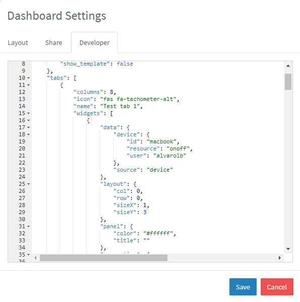 The Developer tab of Dashboard Settings: a JSON editor with line numbers showing the tabs array, a tab named Test tab 1 and a widget bound to a device resource