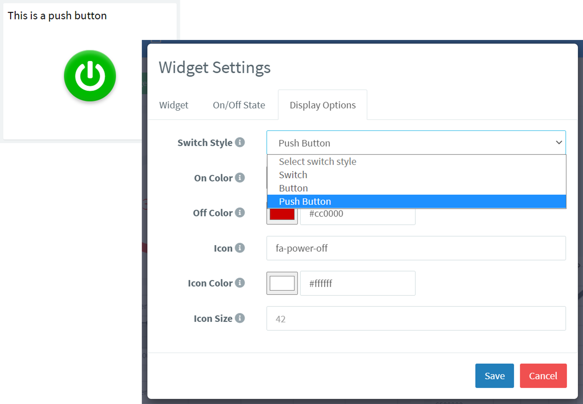 A green power push button widget beside its Widget Settings dialog, where Switch Style is set to Push Button among Switch and Button