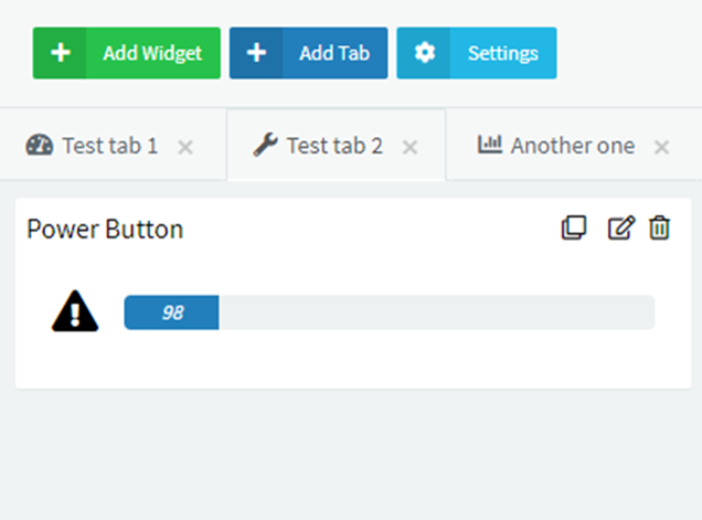 Dashboard edit bar with Add Widget, Add Tab and Settings buttons above three tabs named Test tab 1, Test tab 2 and Another one, showing a Power Button widget