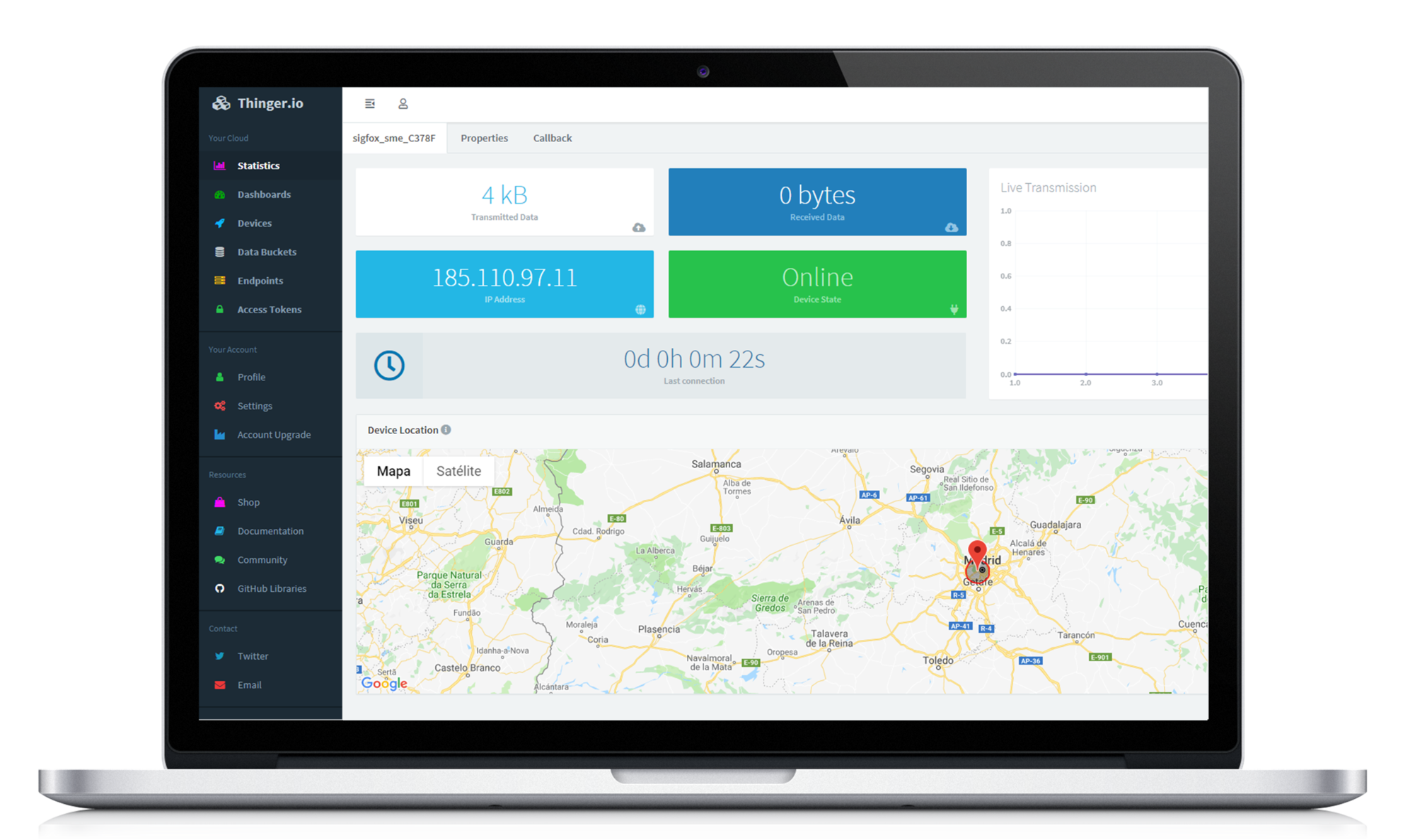 The device view of the Thinger.io console on a laptop: transmitted and received data, IP address, device state online, last connection, and the device location on a Google map near Madrid