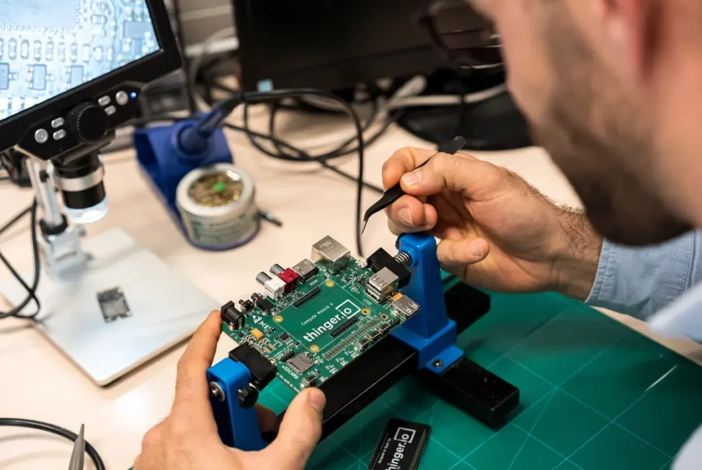 An engineer works with tweezers on a green Thinger.io carrier board for a compute module, held in a blue PCB holder, with a digital microscope and a soldering station beside it