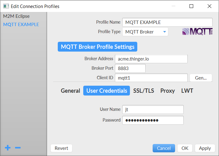 MQTT.fx connection profile with broker address, broker port 8883, client ID mqtt1, and the user name and password under User Credentials